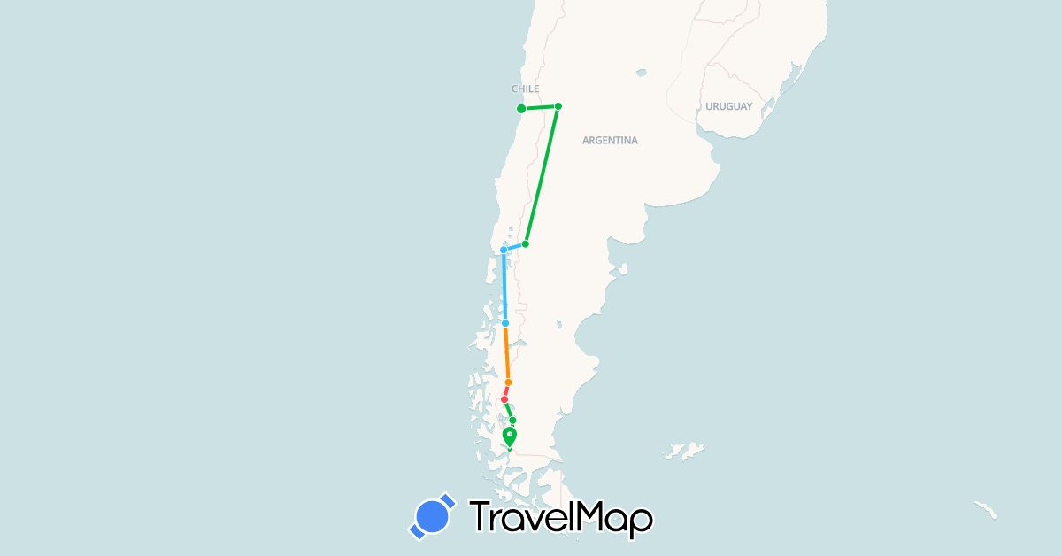 TravelMap itinerary: driving, bus, hiking, boat, hitchhiking in Argentina, Chile (South America)